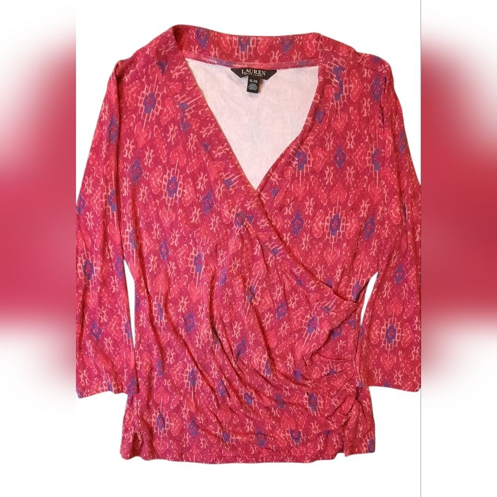 Lauren Ralph Lauren Blouse Women's XL Pink Drape Top Preppy Geometric Business